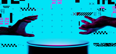 3d illustration rendering of y2k 2000s gaming technology futuristic fantasy metaverse cyberpunk sci-fi display podium pedestal stage room abstract background in neon-glowの写真素材