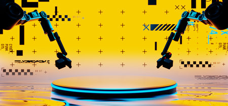 3d illustration rendering of y2k 2000s gaming technology futuristic fantasy metaverse cyberpunk sci-fi display podium pedestal stage room abstract background in neon-glowの写真素材