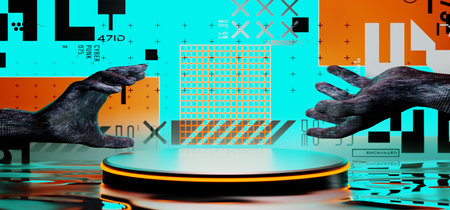 3d illustration rendering of y2k 2000s gaming technology futuristic fantasy metaverse cyberpunk sci-fi display podium pedestal stage room abstract background in neon-glowの写真素材