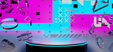 3d illustration rendering of y2k 2000s gaming technology futuristic fantasy metaverse cyberpunk sci-fi display podium pedestal stage room abstract background in neon-glowの写真素材