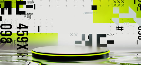 3d illustration rendering of y2k 2000s gaming technology futuristic fantasy metaverse cyberpunk sci-fi display podium pedestal stage room abstract background in neon-glowの写真素材
