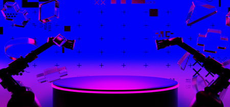 3d illustration rendering of y2k 2000s gaming technology futuristic fantasy metaverse cyberpunk sci-fi display podium pedestal stage room abstract background in neon-glowの写真素材