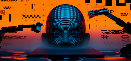 3d illustration rendering of y2k 2000s gaming technology futuristic fantasy metaverse cyberpunk sci-fi display podium pedestal stage room abstract background in neon-glowの写真素材