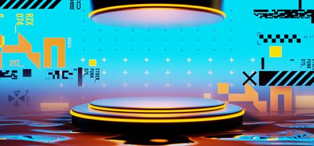 3d illustration rendering of y2k 2000s gaming technology futuristic fantasy metaverse cyberpunk sci-fi display podium pedestal stage room abstract background in neon-glowの写真素材