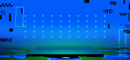 3d illustration rendering of y2k 2000s gaming technology futuristic fantasy metaverse cyberpunk sci-fi display podium pedestal stage room abstract background in neon-glowの写真素材