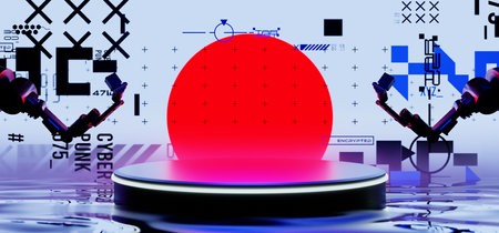3d illustration rendering of y2k 2000s gaming technology futuristic fantasy metaverse cyberpunk sci-fi display podium pedestal stage room abstract background in neon-glowの写真素材