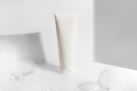 makeup cosmetic skin care, a mockup for cream lotion bottle product, packaging on white  waterdrop fresh with glass backgroundの写真素材