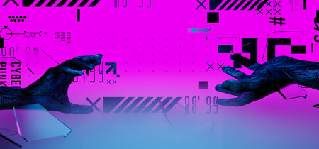 3d illustration rendering of y2k 2000s gaming technology futuristic fantasy metaverse cyberpunk sci-fi display podium pedestal stage room abstract background in neon-glowの写真素材