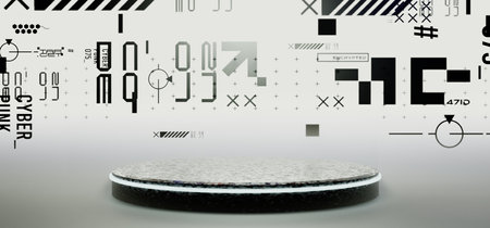 3d illustration rendering of y2k 2000s gaming technology futuristic fantasy metaverse cyberpunk sci-fi display podium pedestal stage room abstract background in neon-glowの写真素材