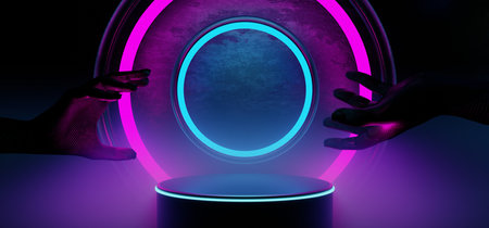 3d illustration rendering of y2k 2000s gaming technology futuristic fantasy metaverse cyberpunk sci-fi display podium pedestal stage room abstract background in neon-glowの写真素材