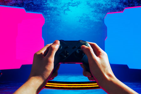 gamer playing the online game with joystick controller in neon glow dark cyberpunk room, gaming and...