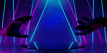 3d illustration rendering of y2k 2000s gaming technology futuristic fantasy metaverse cyberpunk sci-fi display podium pedestal stage room abstract background in neon-glowの写真素材