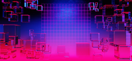 3d illustration rendering of y2k 2000s gaming technology futuristic fantasy metaverse cyberpunk sci-fi display podium pedestal stage room abstract background in neon-glowの写真素材