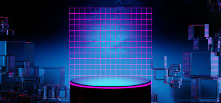 3d illustration rendering of y2k 2000s gaming technology futuristic fantasy metaverse cyberpunk sci-fi display podium pedestal stage room abstract background in neon-glowの写真素材