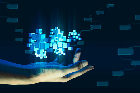 hand of businessman interactive touching a holographic of transaction financial network data system, concept of technology artificial intelligence with human userの写真素材