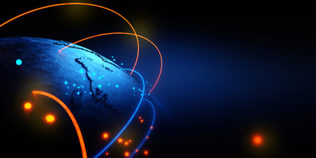 global world earth or planet of technology network of internet telecom communication, data cloud storage for exchange in business , 3d illustration rendering abstract backgroundの写真素材