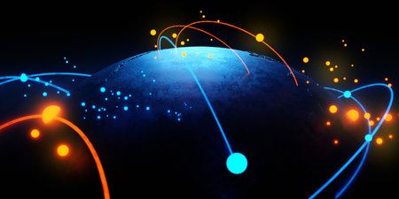 global world earth or planet of technology network of internet telecom communication, data cloud storage for exchange in business , 3d illustration rendering abstract backgroundの写真素材