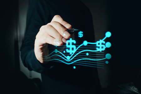 businessman work from home by using a tablet pen to touch hologram icon floating, man use technology to success in financial trading money systemの写真素材