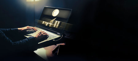 businessman work from home use devic technology to control hologram icon floating, success in...