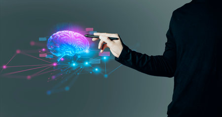 hand of businessman interactive touching a holographic of transaction financial network data system, concept of technology artificial intelligence with human userの写真素材