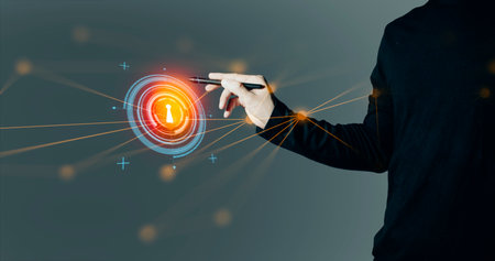 hand of businessman interactive touching a holographic of transaction financial network data system, concept of technology artificial intelligence with human userの写真素材