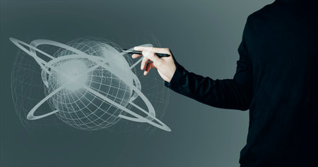 hand of businessman interactive touching a holographic of transaction financial network data system, concept of technology artificial intelligence with human userの写真素材