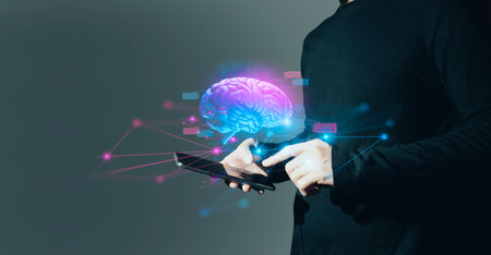 hand of businessman interactive touching a holographic of transaction financial network data system, concept of technology artificial intelligence with human userの写真素材