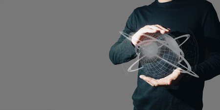 hand of businessman interactive touching a holographic of transaction financial network data system, concept of technology artificial intelligence with human userの写真素材