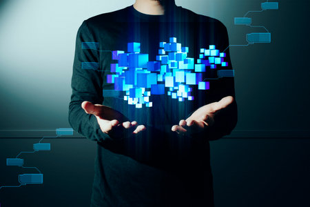 hand of businessman interactive touching a holographic of transaction financial network data system, concept of technology artificial intelligence with human user applicationの写真素材