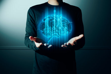 hand of businessman interactive touching a holographic of transaction financial network data system, concept of technology artificial intelligence with human user applicationの写真素材