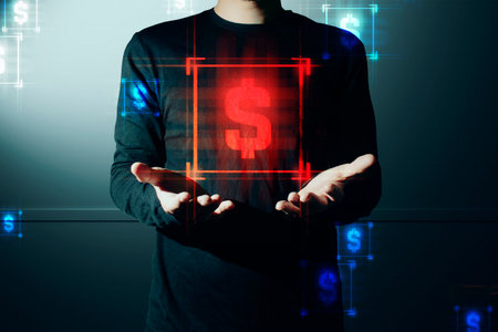 hand of businessman interactive touching a holographic of transaction financial network data system, concept of technology artificial intelligence with human user applicationの写真素材