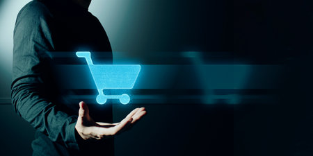 hand of businessman interactive touching a holographic of transaction financial network data system, concept of technology artificial intelligence with human user applicationの写真素材