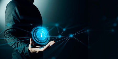 hand of businessman interactive touching a holographic of transaction financial network data system,...