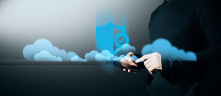 hand of businessman interactive touching a holographic of transaction financial network data system,...