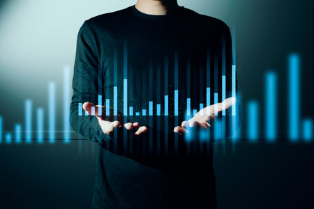 hand of businessman interactive touching a holographic of transaction financial network data system, concept of technology artificial intelligence with human user applicationの写真素材