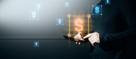 hand of businessman interactive touching a holographic of transaction financial network data system,...