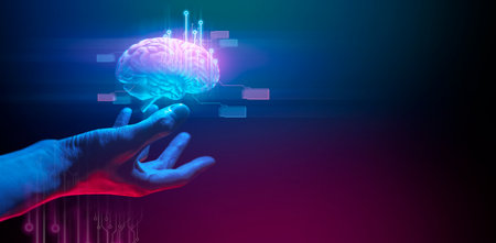 hand of businessman interactive touching a holographic of transaction financial network data system, concept of technology artificial intelligence with human user applicationの写真素材