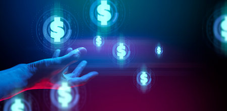 hand of businessman interactive touching a holographic of transaction financial network data system, concept of technology artificial intelligence with human user applicationの写真素材