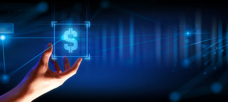 hand of businessman interactive touching a holographic of transaction financial network data system, concept of technology artificial intelligence with human user applicationの写真素材