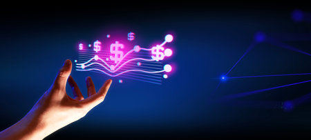 hand of businessman interactive touching a holographic of transaction financial network data system, concept of technology artificial intelligence with human user applicationの写真素材