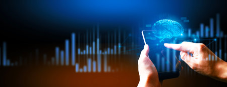 hand of businessman interactive touching a holographic of transaction financial network data system, concept of technology artificial intelligence with human user applicationの写真素材