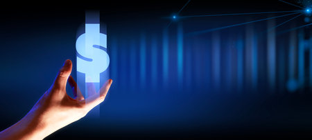 hand of businessman interactive touching a holographic of transaction financial network data system, concept of technology artificial intelligence with human user applicationの写真素材