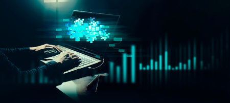 hand of businessman interactive touching a holographic of transaction financial network data system, concept of technology artificial intelligence with human user applicationの写真素材
