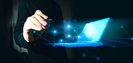 hand of businessman interactive touching a holographic of transaction financial network data system,...