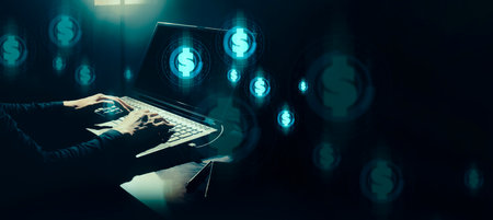 hand of businessman interactive touching a holographic of transaction financial network data system,...