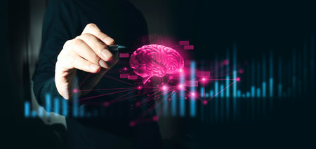 hand of businessman interactive touching a holographic of transaction financial network data system,...