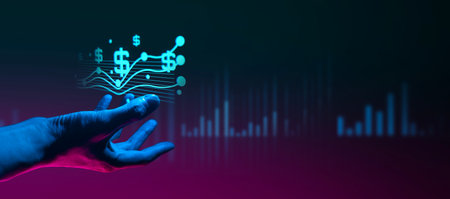 hand of businessman interactive touching a holographic of transaction financial network data system, concept of technology artificial intelligence with human user applicationの写真素材
