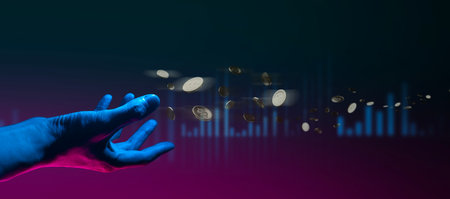 hand of businessman interactive touching a holographic of transaction financial network data system, concept of technology artificial intelligence with human user applicationの写真素材