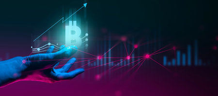 hand of businessman interactive touching a holographic of transaction financial network data system, concept of technology artificial intelligence with human user applicationの写真素材