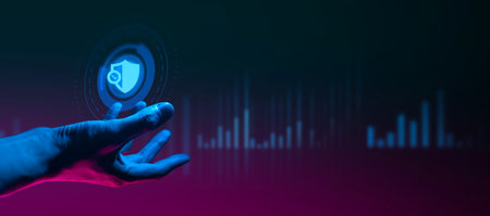 hand of businessman interactive touching a holographic of transaction financial network data system, concept of technology artificial intelligence with human user applicationの写真素材